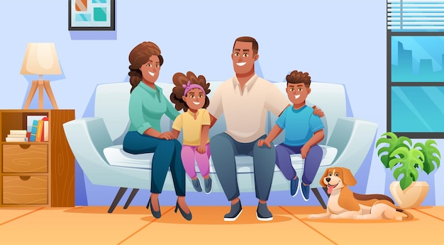 Happy family sitting on the couch together at home with father mother children and a pet cartoon