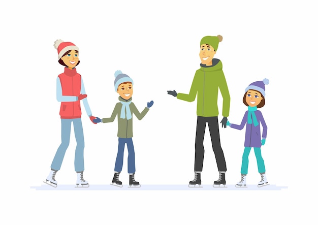 Happy family skating - cartoon people characters illustration on white background. Concept of winter activity, New Year, Christmas, weekend. Smiling mother and father with children on an ice rink