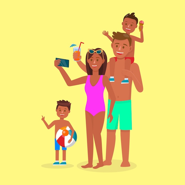 Vector happy family on summertime vacation. summer time.