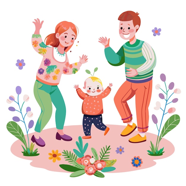 Happy family of three dancing in a field of flowers