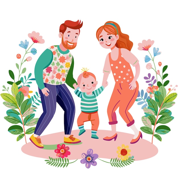 A happy family of three a father mother and baby standing together amidst vibrant flowers