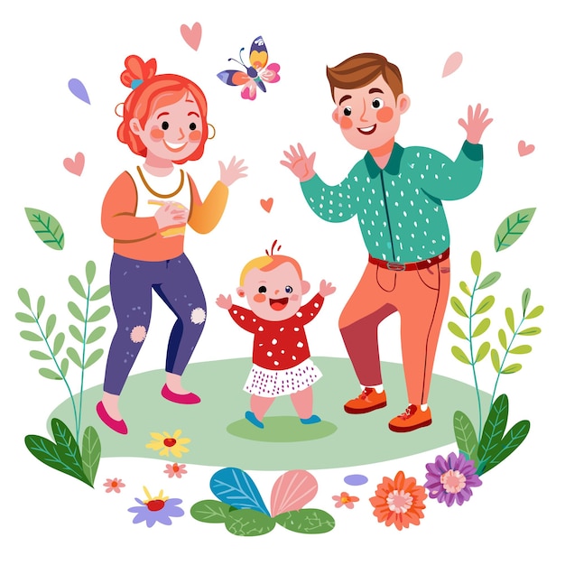 A happy family of three is standing in a garden surrounded by flowers and greenery The parents are smiling and looking at their baby who is taking its first steps The butterfly flies over them