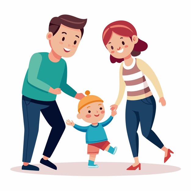 Vector a happy family of three a mom dad and their toddler son are walking together the toddler is taking his first steps with the help of his parents