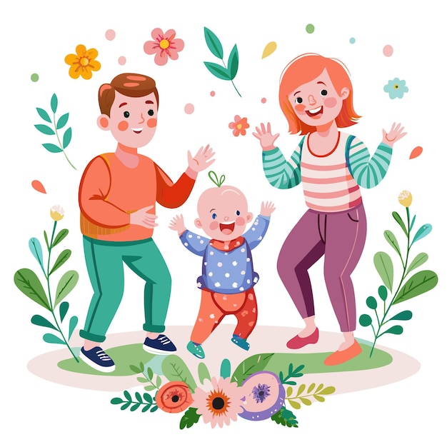 A happy family of three a mother father and a baby boy are standing in a field of flowers