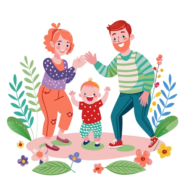 Happy family of three a mother father and son standing together surrounded by flowers and leaves