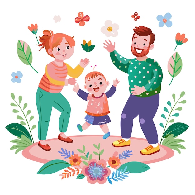 Happy family of three standing on a floral ground