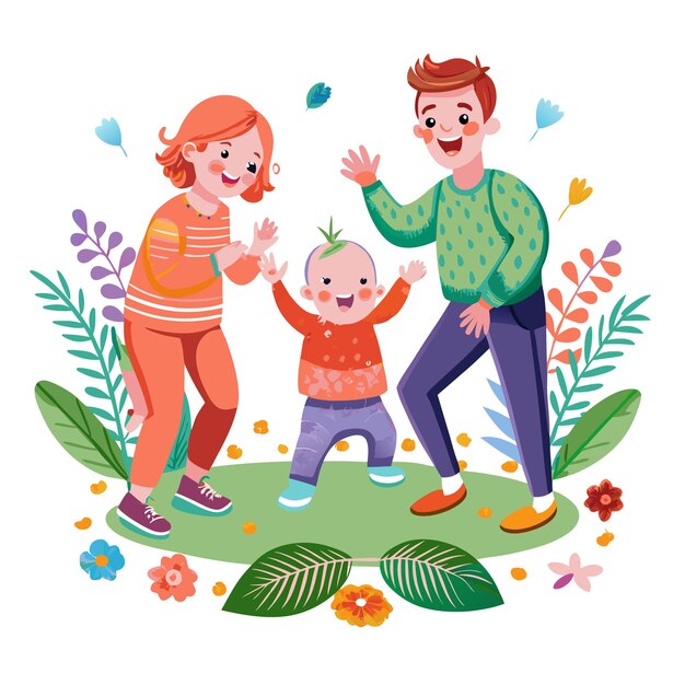 Happy family of three with a baby standing in a grassy field surrounded by flowers and plants