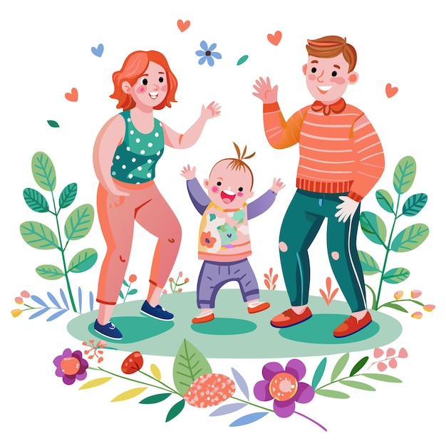 Happy family of three with a baby standing on the green grass with flowers and leaves around