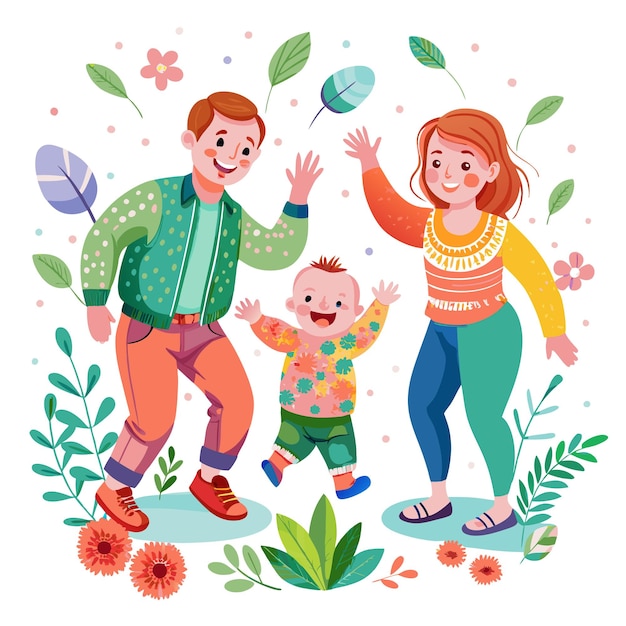 Vector happy family of three with a father mother and a baby boy are standing in a field of flowers