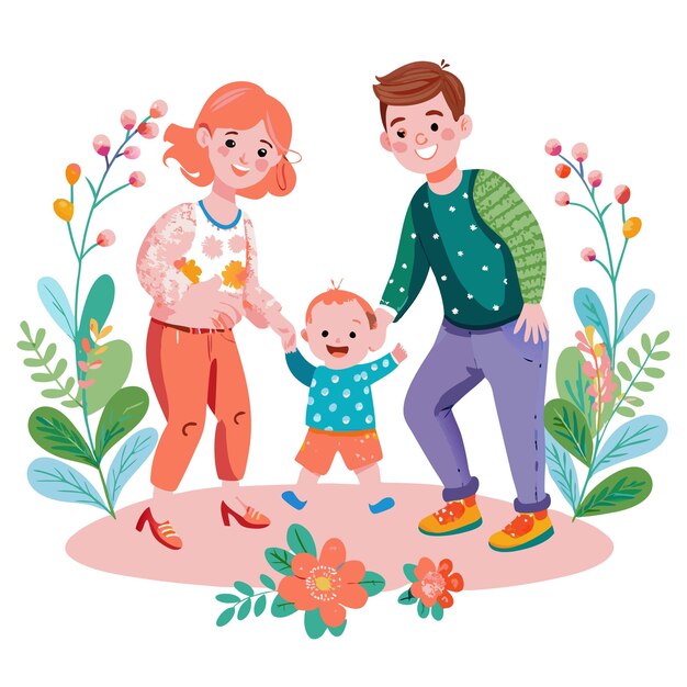 Happy family of three with mom dad and baby boy standing in a floral frame