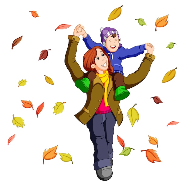 Happy family together on autumn playing with leaves