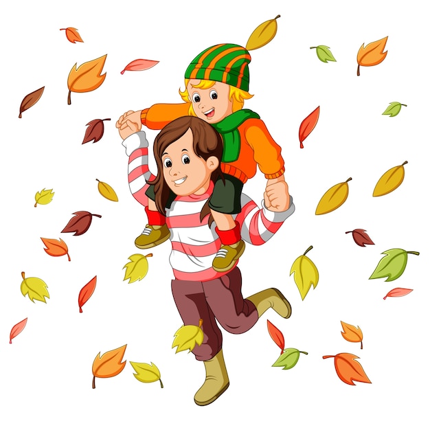 Happy family together on autumn playing with leaves