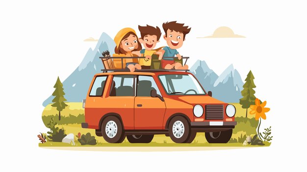 Vector happy family travel by car smiling people enjoying autumn journey