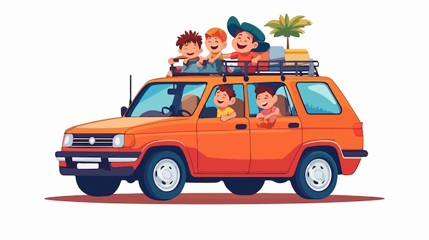 Happy Family Traveling by Car in Flat Cartoon Style