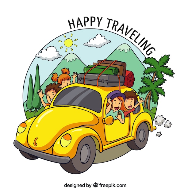 Happy family traveling in hand drawn style