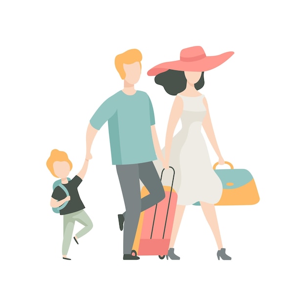 Vector happy family travelling father mother and son walking with suitcase vector illustration on white background