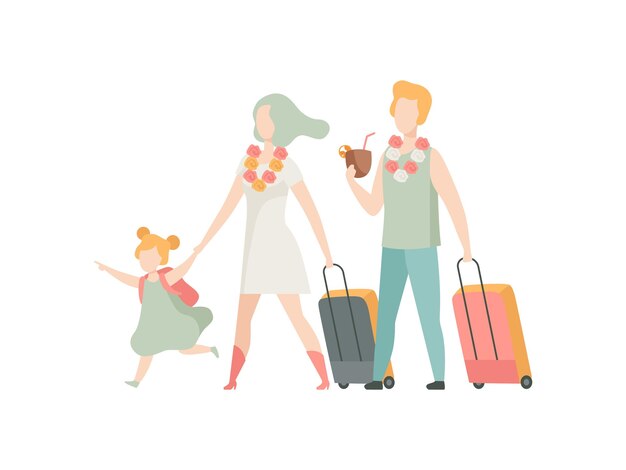 Vector happy family travelling together with suitcases father mother and daughter on summer vacation vector illustration on white background