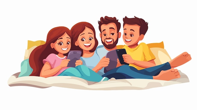 Vector happy family using smartphone while lying down