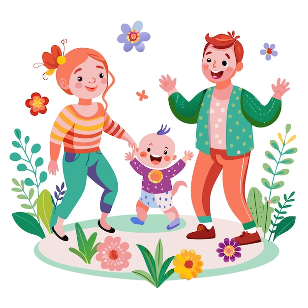 Happy family walking in the garden with their baby