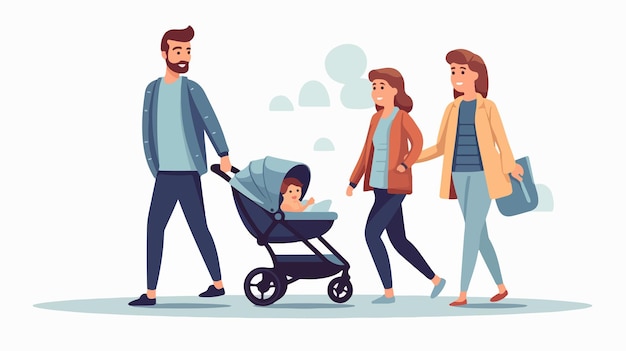 Vector happy family walking with baby stroller