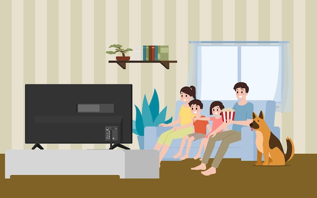 Happy family watching tv together isolated on white background. Parents mother and father watch television with son and daughter children sitting on a sofa with cozy relaxing.