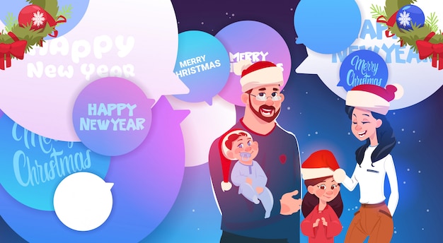 Happy Family Wearing Santa Hats Over Merry Christmas And New Year Messages On Chat Bubbles