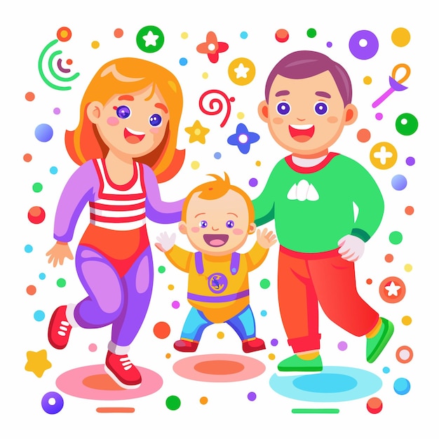 Vector happy family with a baby boy standing together with colorful elements around them