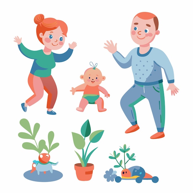 Happy family with baby and plants