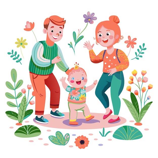 Happy family with a baby taking first steps in a park surrounded by flowers