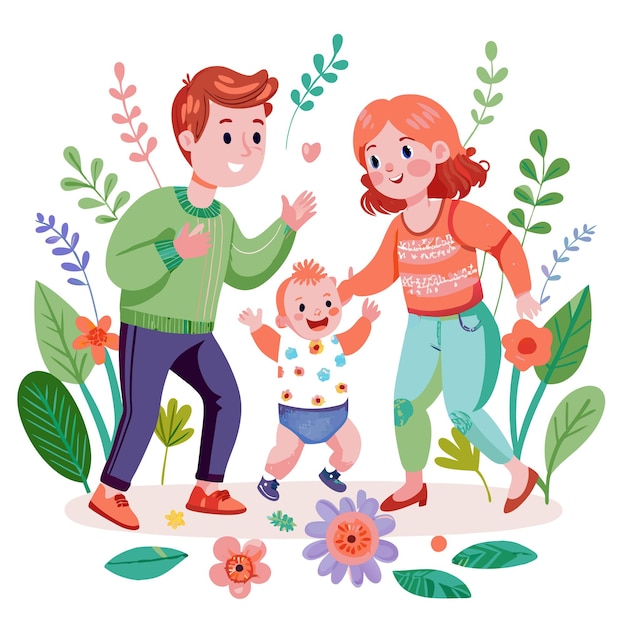 Happy family with baby walking in a floral garden