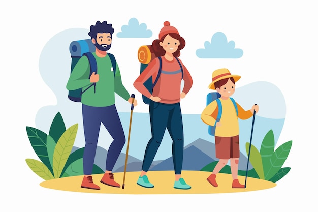 Vector a happy family with backpacks and hiking poles walks along a path in a scenic mountainous landscape