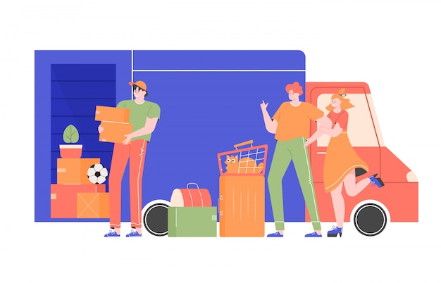 Happy family with a cat and bags near the truck with things. A loader employee of a transport company loads boxes with stuff to the car. Moving to a new apartment, house.  flat illustration.