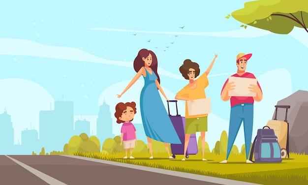 Happy family with child hitchhiking waiting for car by side on road cartoon