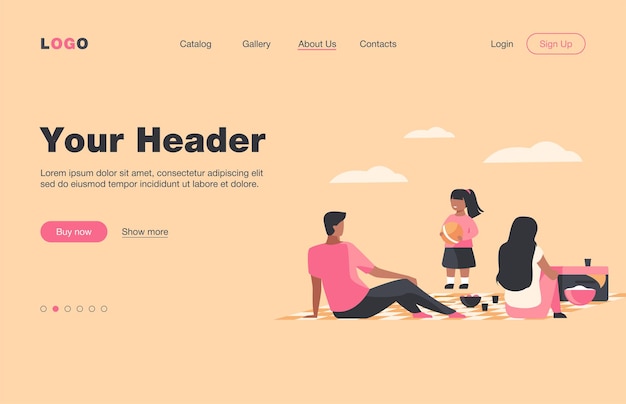 Happy family with kid relaxing on nature. Picnic, girl, BBQ flat  landing page. Summer activity and weekend concept for banner, website design or landing web page