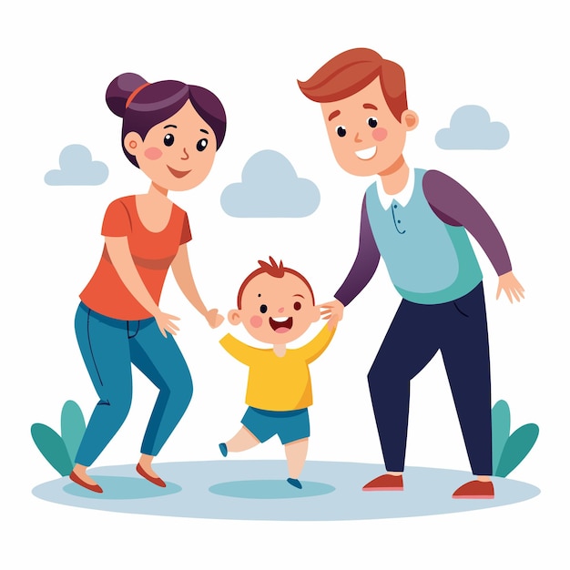 Vector happy family with little boy taking his first steps