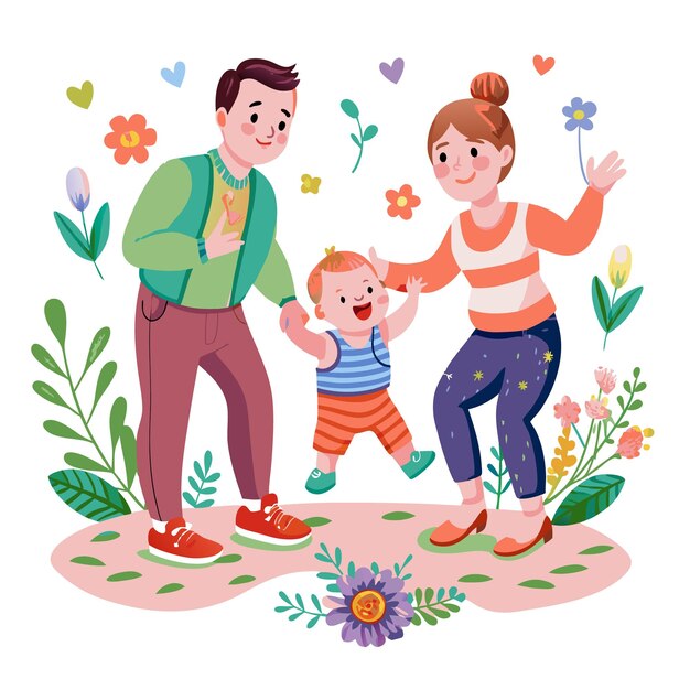 Happy family with a little boy walking together in a flower garden