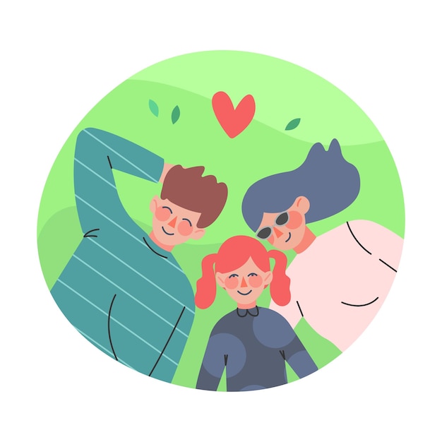 Vector happy family with mother father and little daughter lying on green lawn in circle frame above view vector illustration