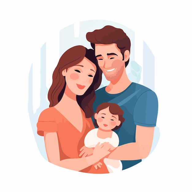 Vector happy family with newborn baby parents and new born kid smiling together at home