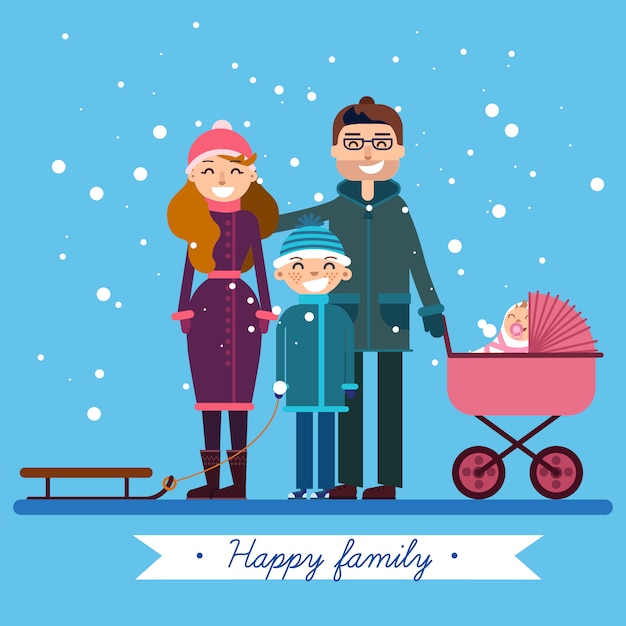 Happy Family with Newborn Baby on Winter Holiday