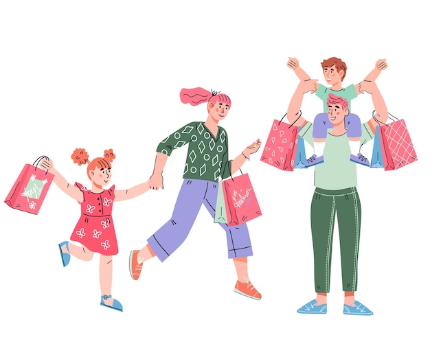 Happy family with shopping bags in hands at sale Father mother and children with bags