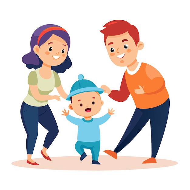 Vector happy family with smiling parents helping their baby son to take his first steps