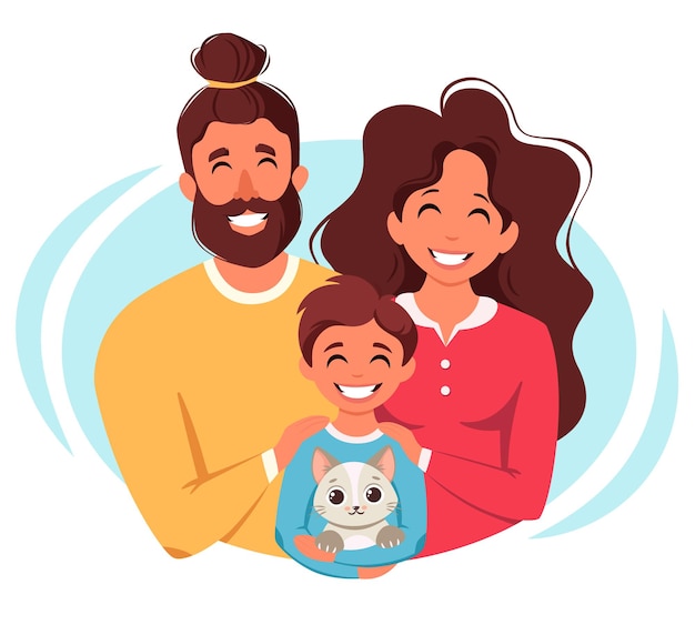 Happy family with son and cat Parents hugging child