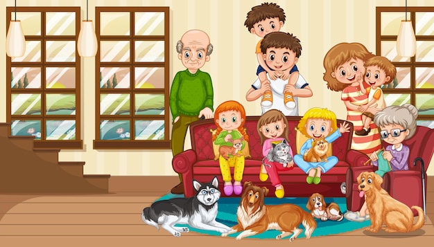 Happy family with their pet in the living room