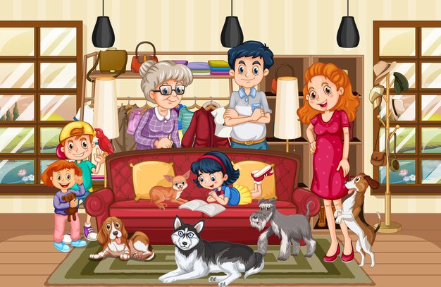 Vector happy family with their pet in the living room