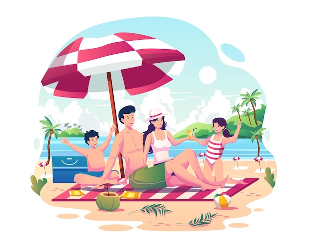 Happy family with two kids relaxing sunbathing and enjoying summer on the beach illustration