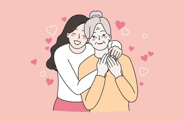 Happy family women generations concept. Young girl and her grandmother standing hugging smiling feeling great together vector illustration