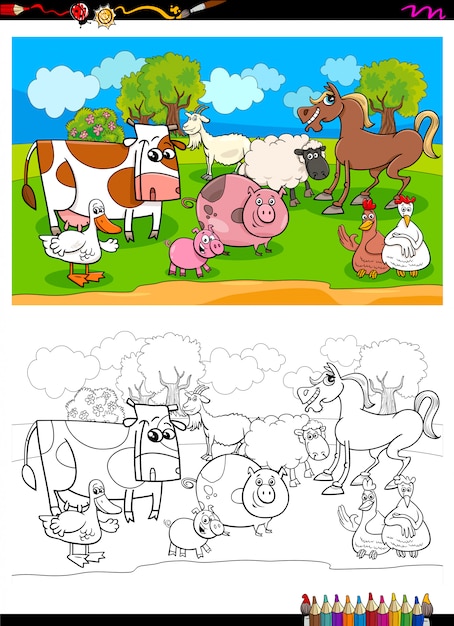 Happy farm animal characters group color book