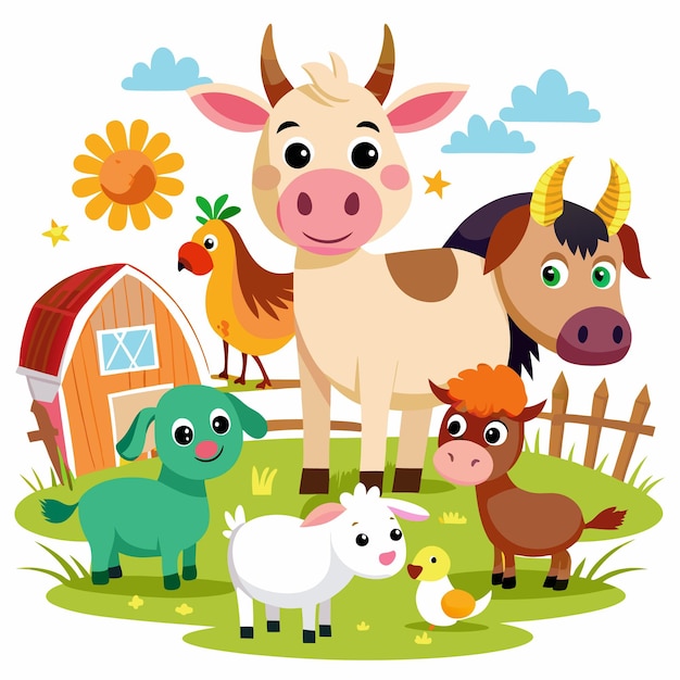 Happy farm animals in a green meadow with a barn