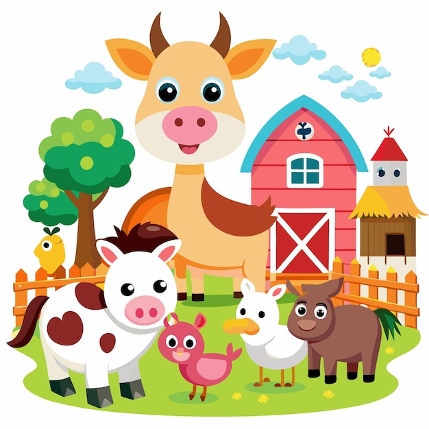 Happy farm animals with a barn fence and a tree