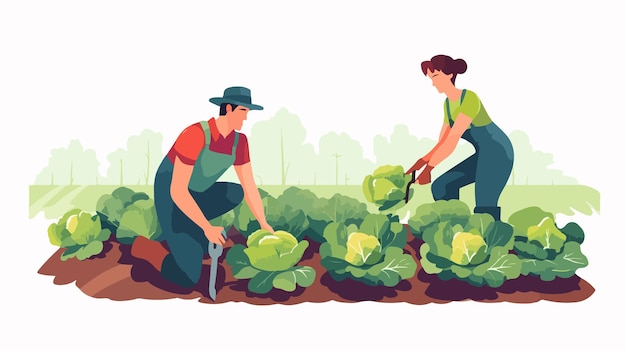 Vector happy farmer couple collecting fresh vegetables harvest